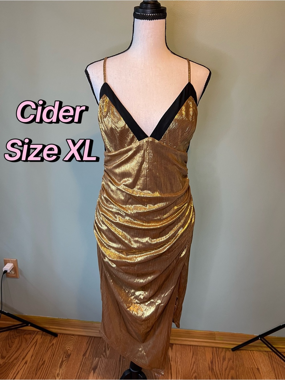Cider Gold Metallic Ruched Asymmetrical Slip Dress with Black Trim Size XL